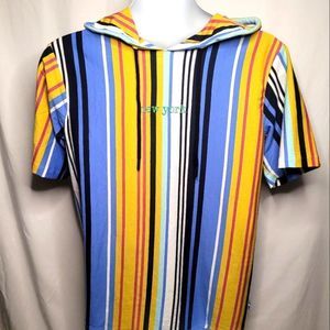𝅺for the People Yellow Blue Red And White Striped Short Sleeve Hooded Tee Shirt